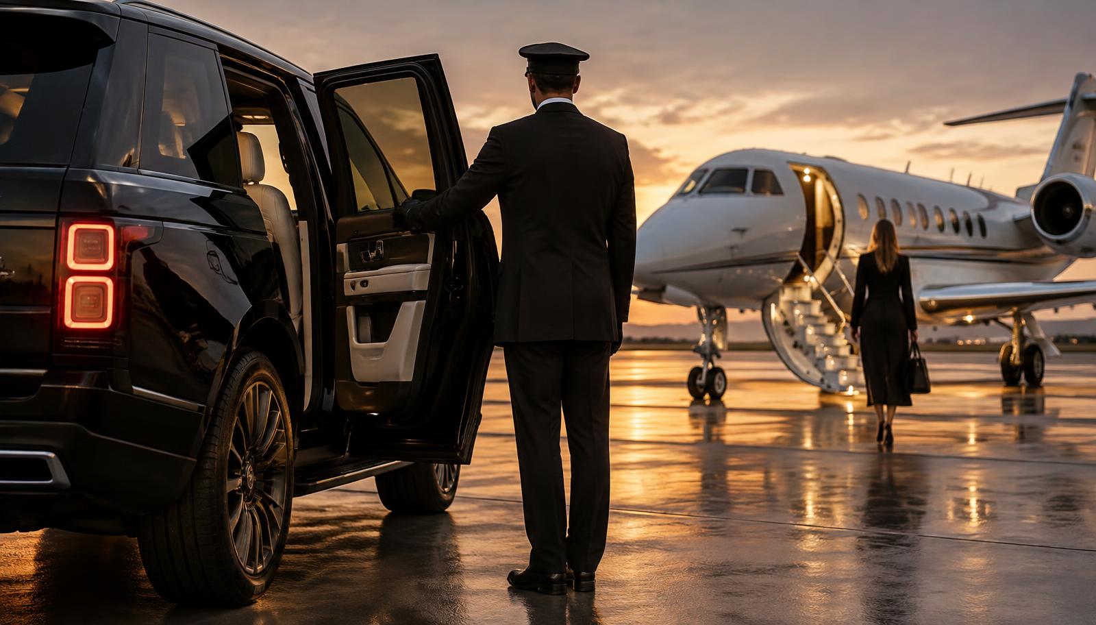 Luxury car and private jet on a runway at sunset, concierge service