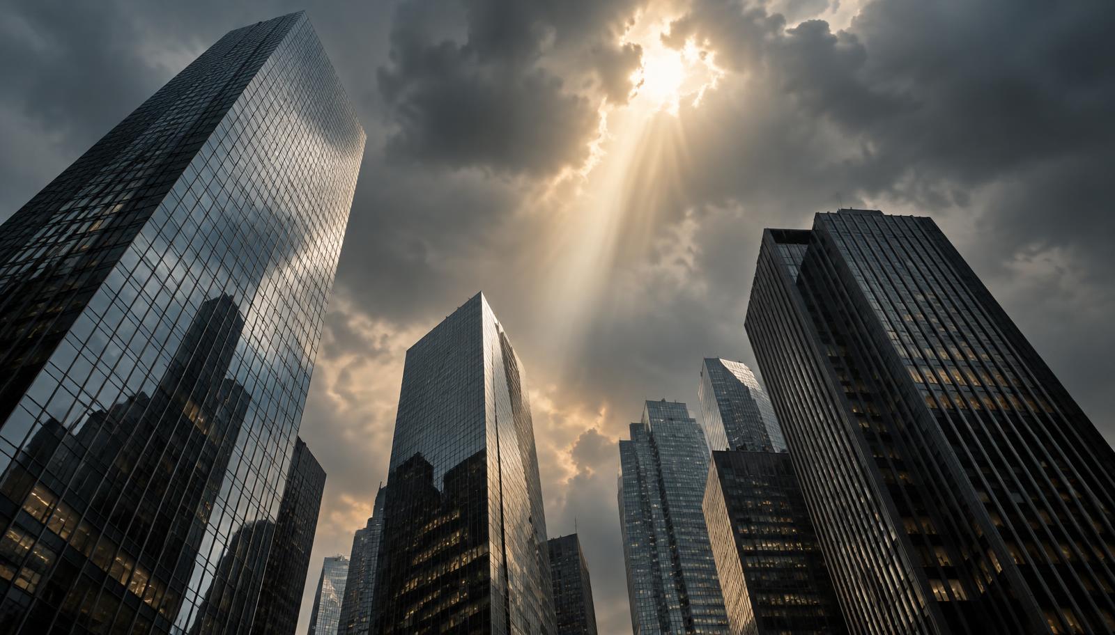 Skyscrapers under a stormy sky with a ray of sunlight breaking through the clouds