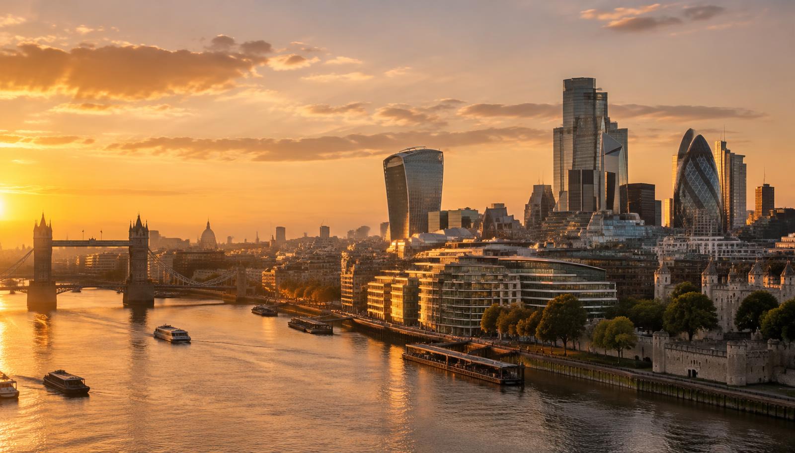The London skyline at sunset, with the Thames and the financial district