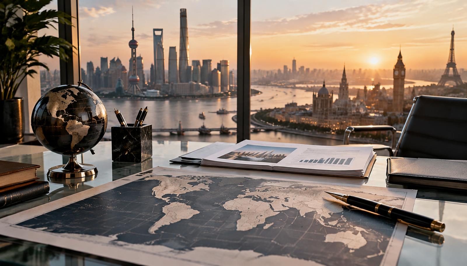 Desk with a world map and documents in front of an international skyline
